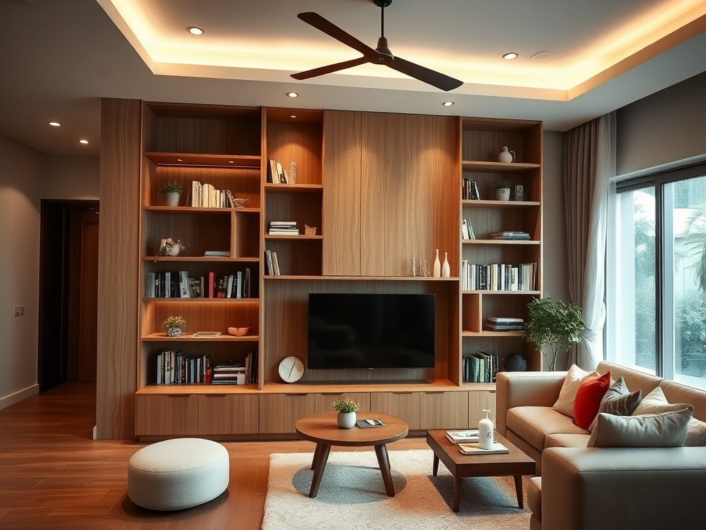 Không gian sống hiện đại Việt Nam nhấn mạnh quá trình sơn kệ sách gỗ.