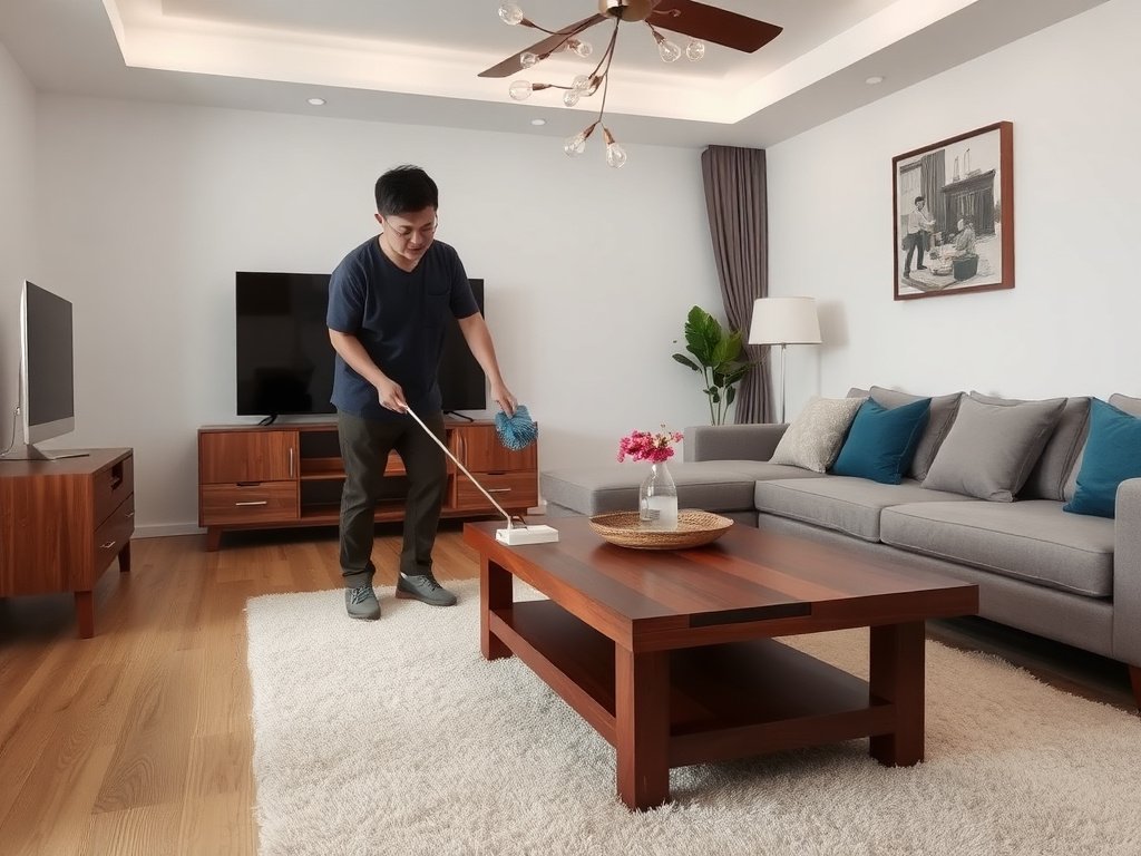 Người Việt phủi bụi bàn cà phê gỗ trong phòng khách hiện đại.