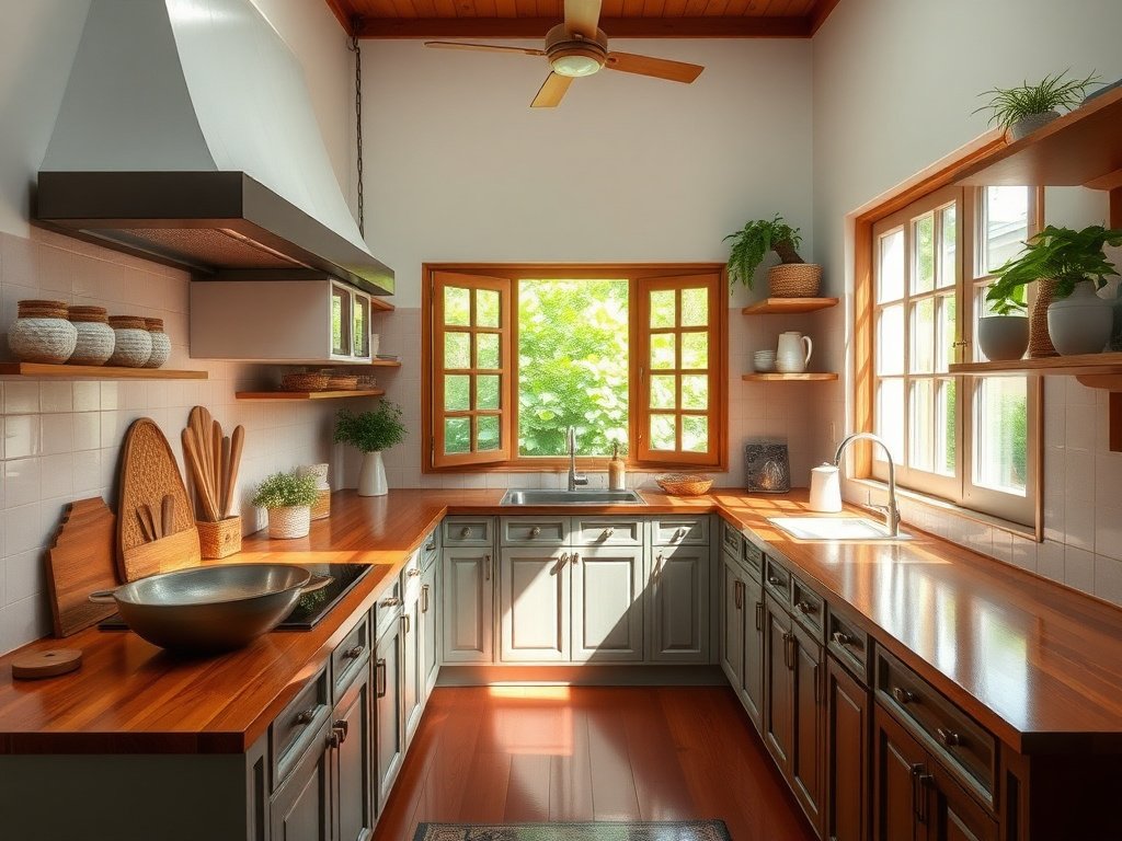 Nhà bếp sáng sủa ở Việt Nam với mặt bếp bằng gỗ bóng loáng.