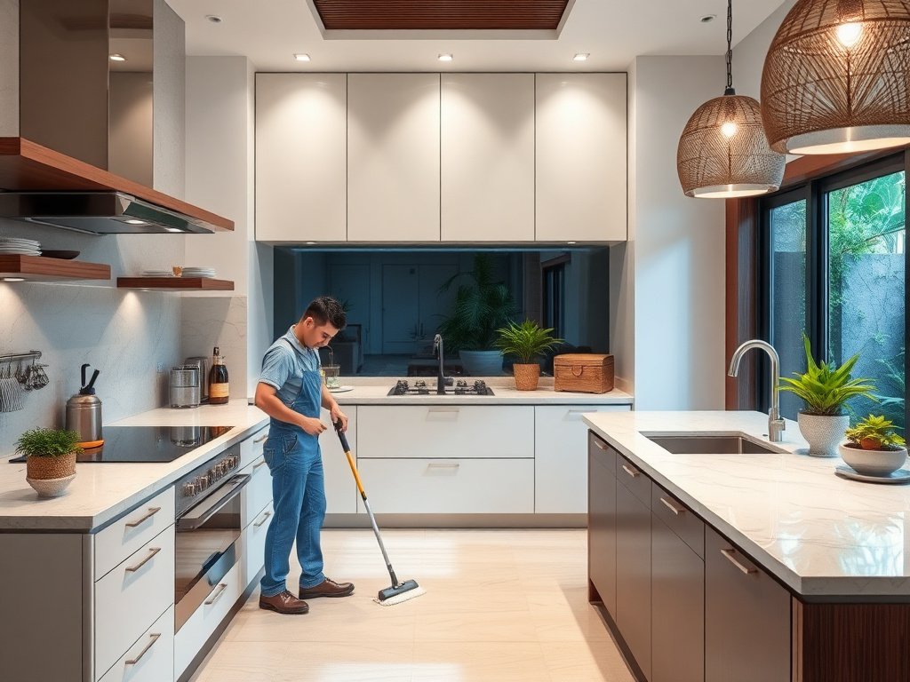 Dịch vụ vệ sinh chuyên nghiệp trong bếp biệt thự Việt Nam sang trọng.