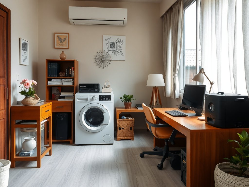 Văn phòng nhà Việt Nam với máy giặt ở góc khuất