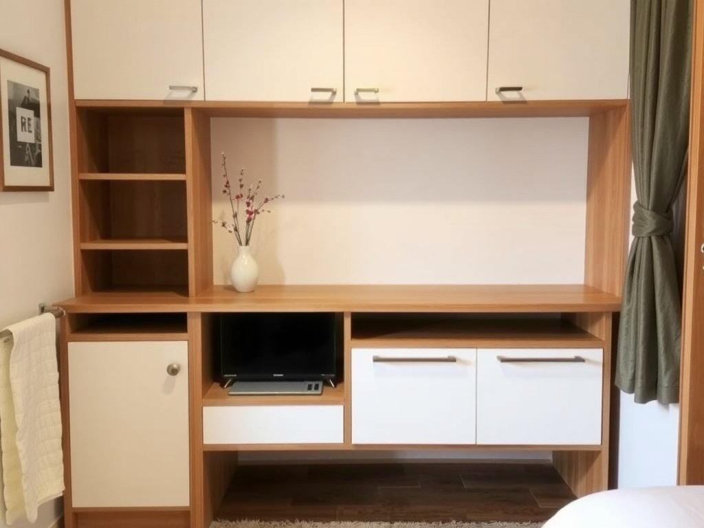 Căn hộ nhỏ với tủ thờ gỗ đa chức năng và không gian lưu trữ.