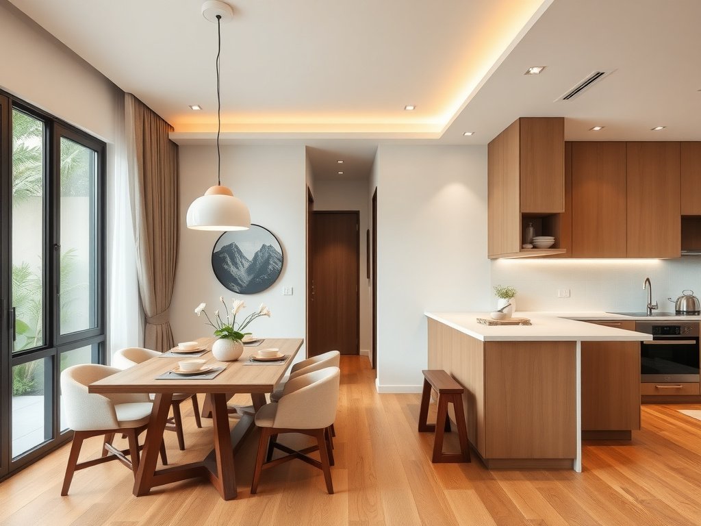 Ngôi nhà Việt hiện đại với khu ăn uống và bếp sạch.