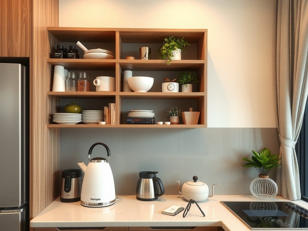 Nhà Việt hiện đại với kệ bếp gọn và ấm siêu tốc.