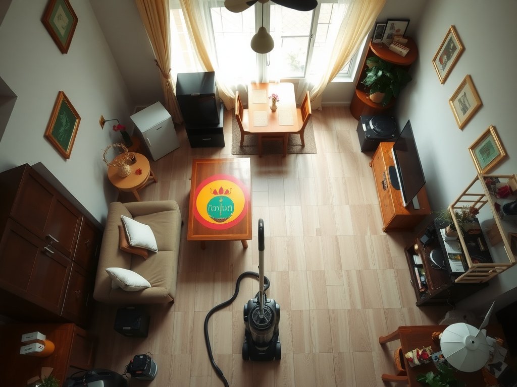 Góc nhìn trên cao khu vực sinh hoạt và ăn uống trong gia đình Việt có máy hút bụi