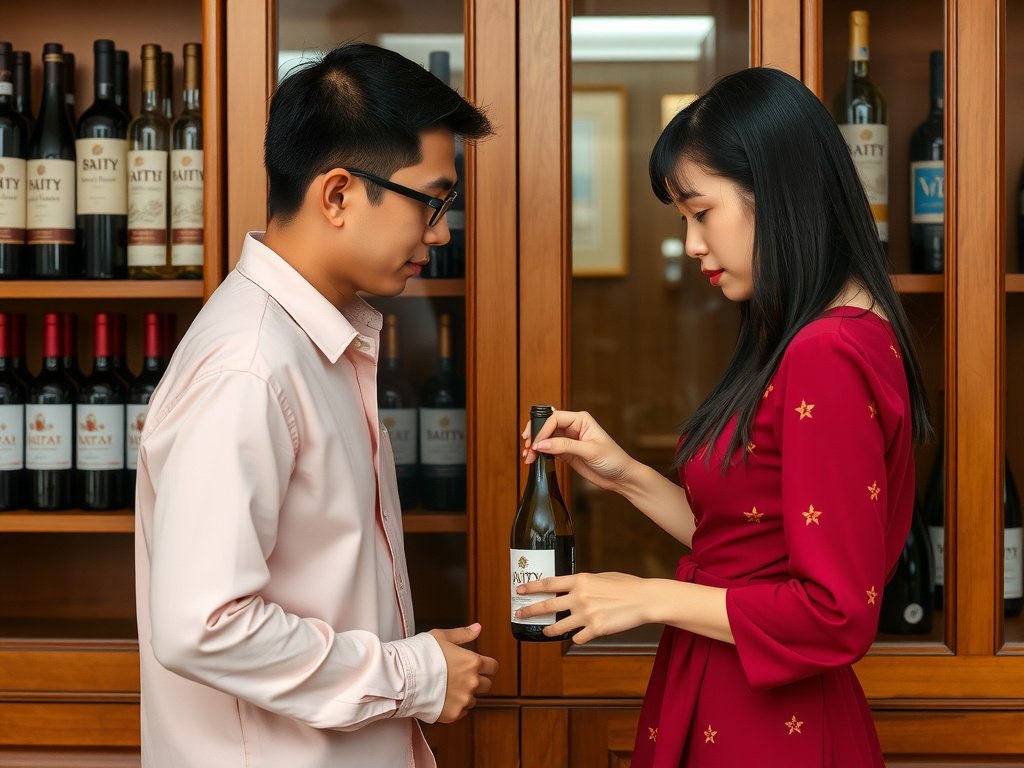 Cặp đôi Việt Nam chọn rượu từ tủ rượu gỗ cổ điển