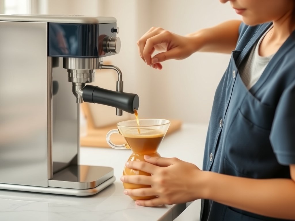 Người Việt đang rót cà phê từ máy đã sạch