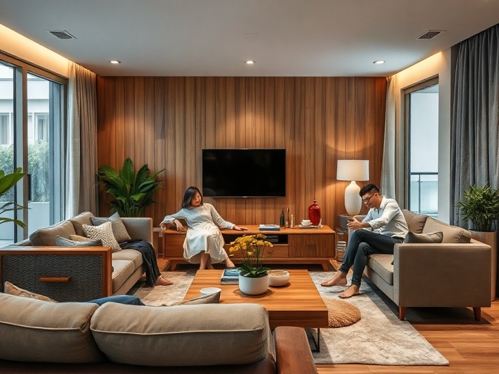 Gia đình Việt thư giãn trong phòng khách hiện đại với gỗ
