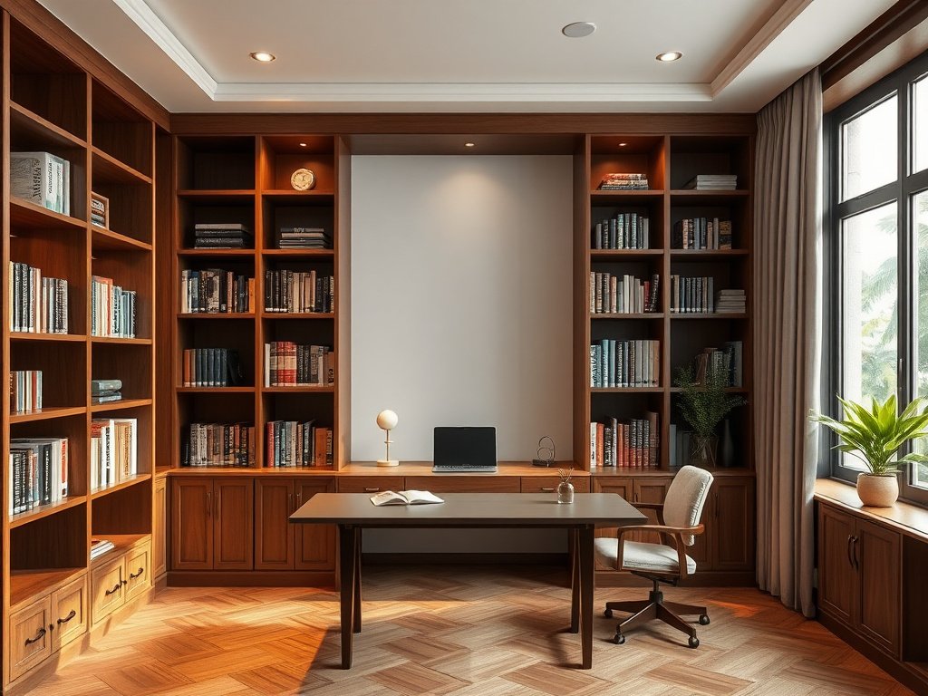 Kệ sách gỗ tinh tế trong phòng làm việc hiện đại Việt Nam