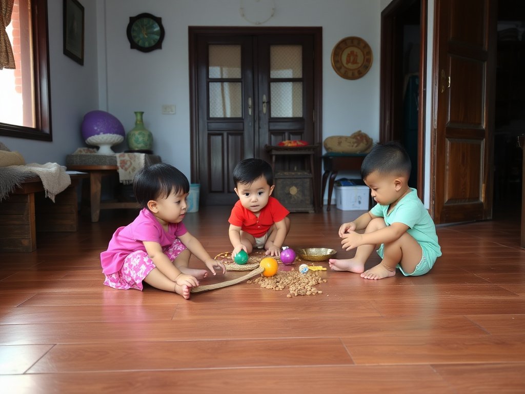 Trẻ em chơi trên sàn gỗ tại nhà Việt Nam