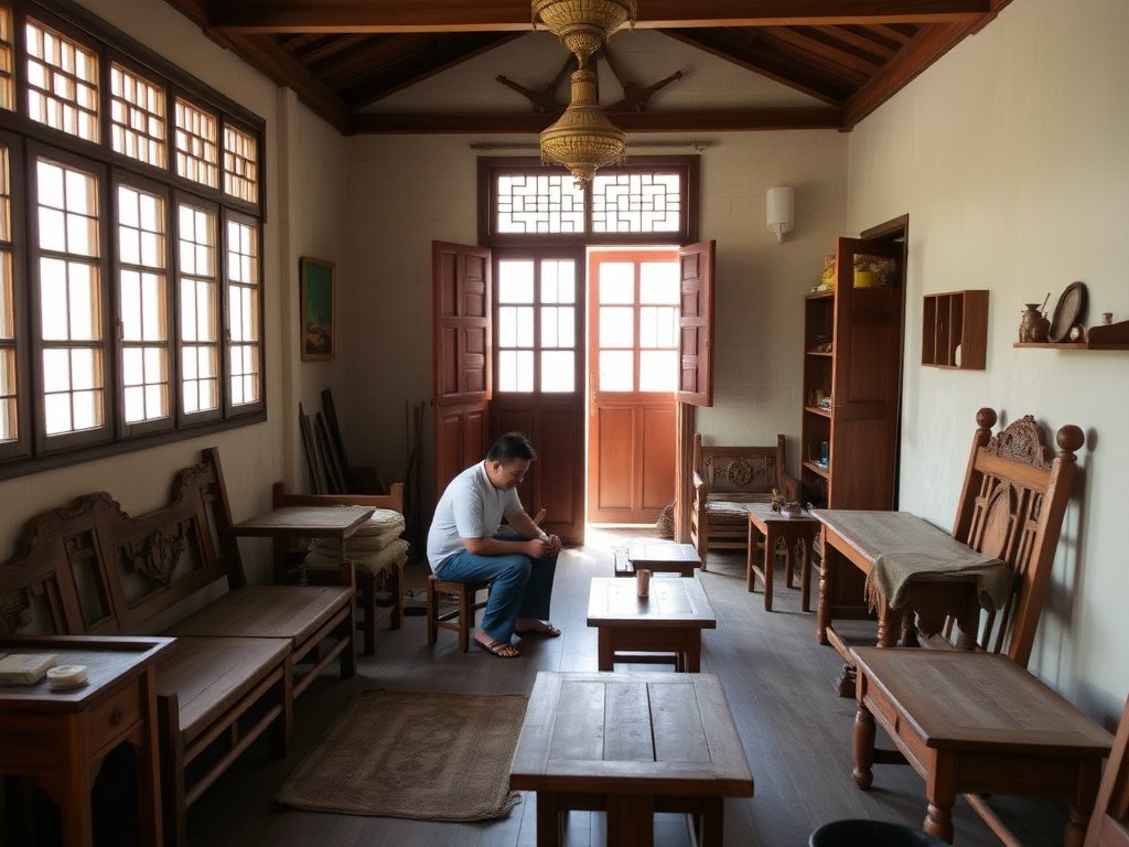 Ngôi nhà truyền thống Việt Nam với gia đình trùng tu đồ gỗ.