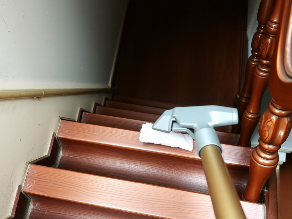 Cầu thang gỗ trong nhà Việt Nam đang được làm sạch.
