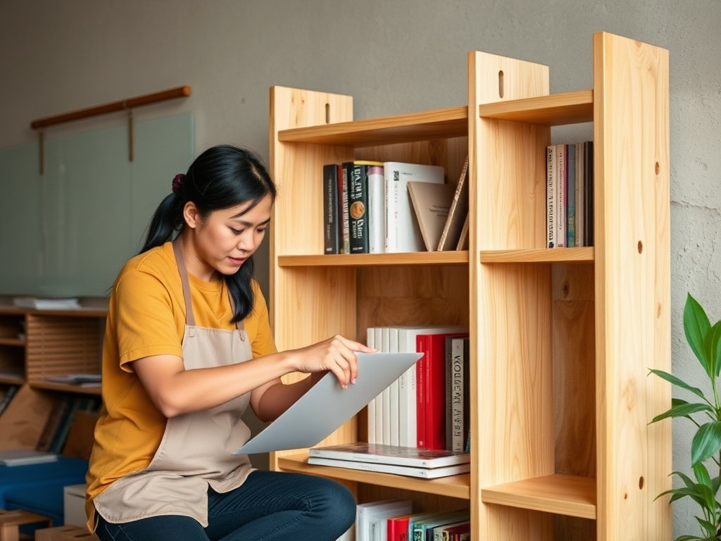 Người Việt Nam sắp xếp kệ sách làm từ gỗ tự nhiên.