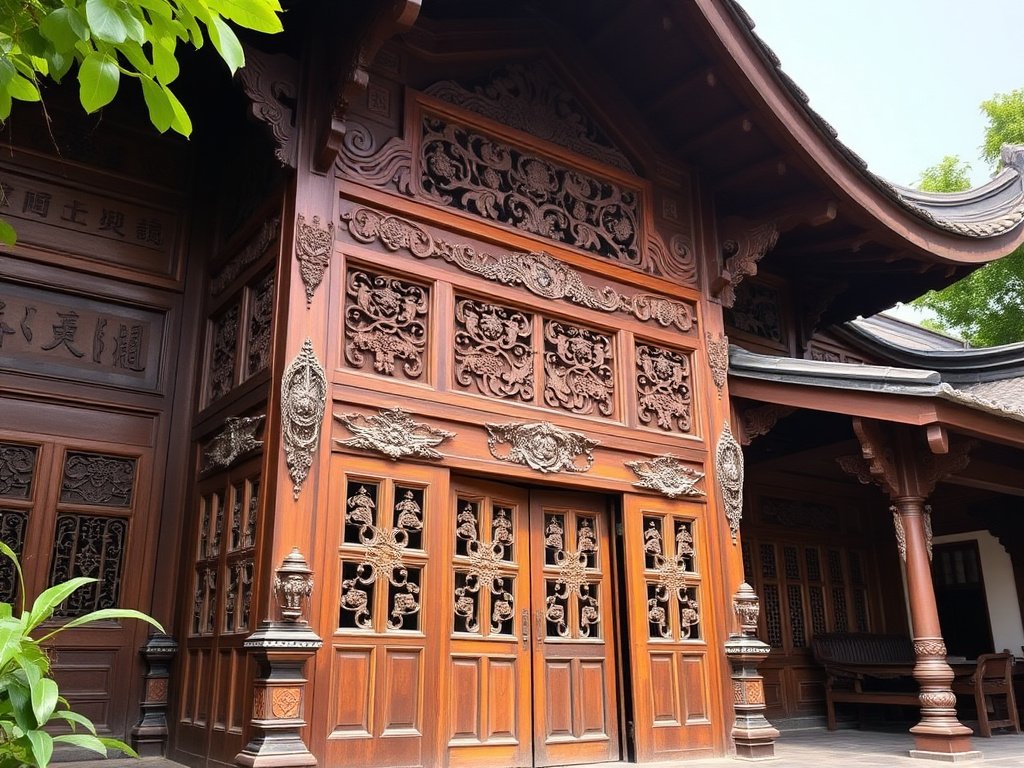 Nhà truyền thống Việt Nam với chạm khắc gỗ tinh xảo.