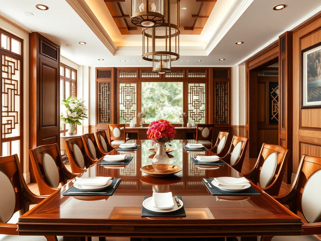 Phòng ăn Việt Nam thanh lịch với bộ bàn ăn gỗ sáng bóng.
