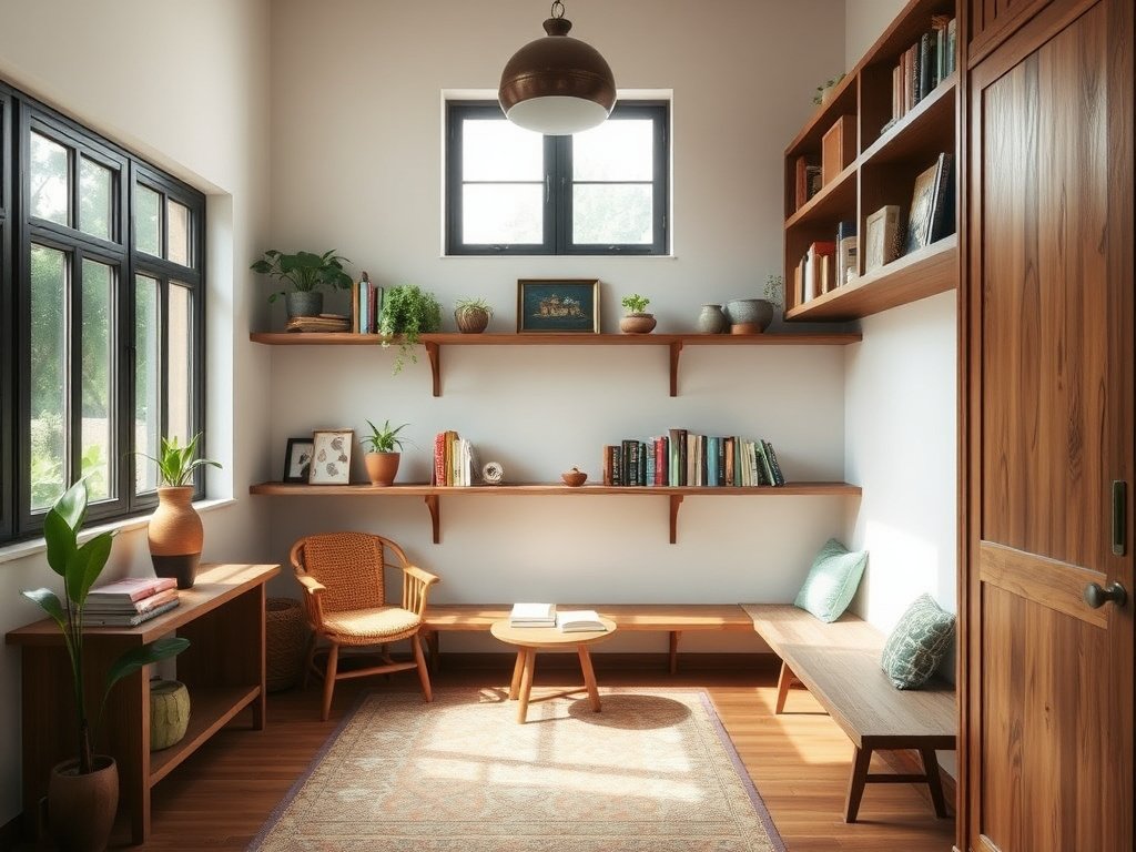 Góc đọc sách ấm cúng với ánh sáng tự nhiên và kệ gỗ phục hồi trong nhà Việt Nam