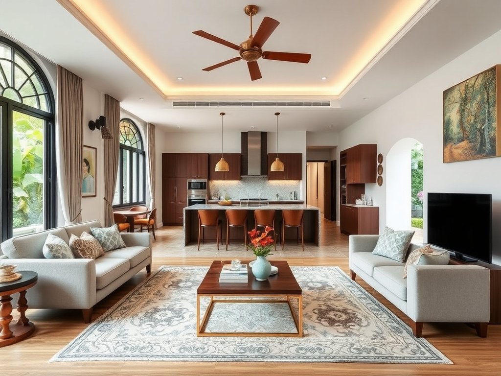 Phòng khách phong cách Việt Nam với concept bếp mở.