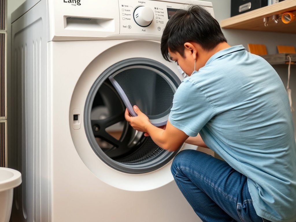 Người Việt Nam thay bộ lọc máy giặt cửa trước