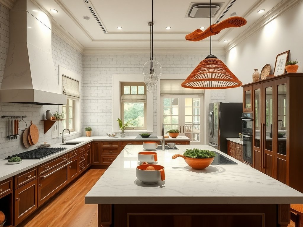 Toàn cảnh bếp biệt thự Việt Nam lớn, tập trung vào sự sạch sẽ.