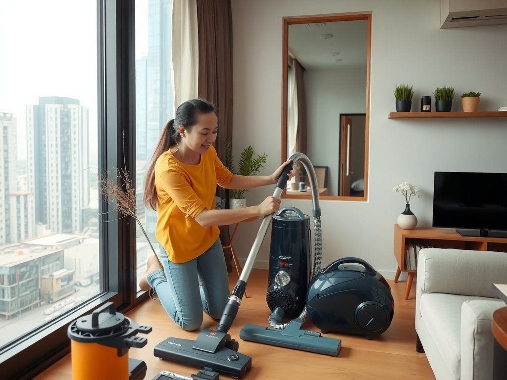 Người Việt sắp xếp phụ kiện máy hút bụi trong căn hộ cao cấp đô thị