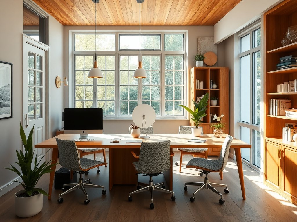 Không gian làm việc sáng sủa với điểm nhấn từ gỗ.