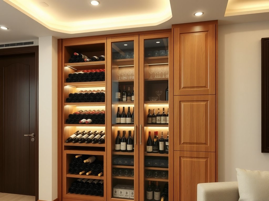 Tủ rượu gỗ tự nhiên cao cấp với ánh sáng trang trí trong căn hộ Việt Nam
