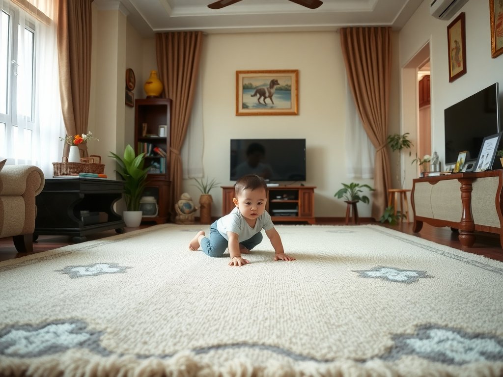 Trẻ nhỏ chơi trên thảm mới được làm sạch trong phòng khách.
