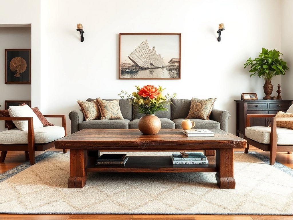 Bàn cà phê gỗ mộc mạc trong phòng khách Việt Nam