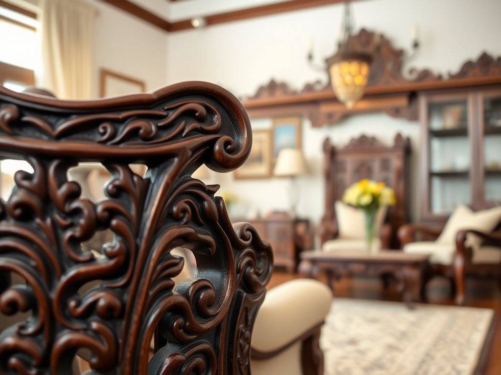 Cận cảnh đồ nội thất gỗ gụ chạm khắc tinh xảo trong phòng khách.