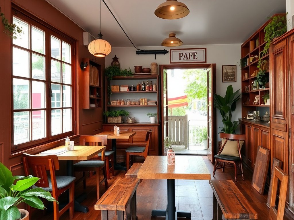 Quán cafe Việt Nam quyến rũ với bàn gỗ mộc mạc.