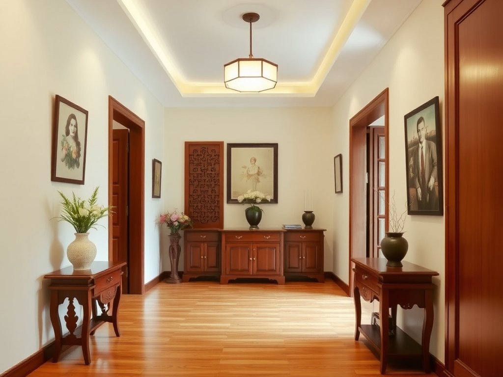 Hành lang Việt Nam tinh tế với đồ trang trí và nội thất gỗ.