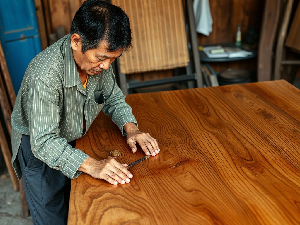 Thợ thủ công Việt Nam đánh bóng hoàn thiện bảo vệ trên bàn gỗ