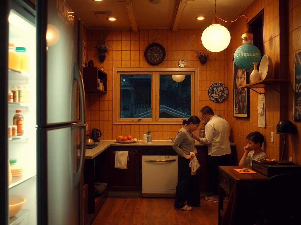 Nhà bếp Việt Nam ấm áp về đêm với tủ lạnh hé mở.