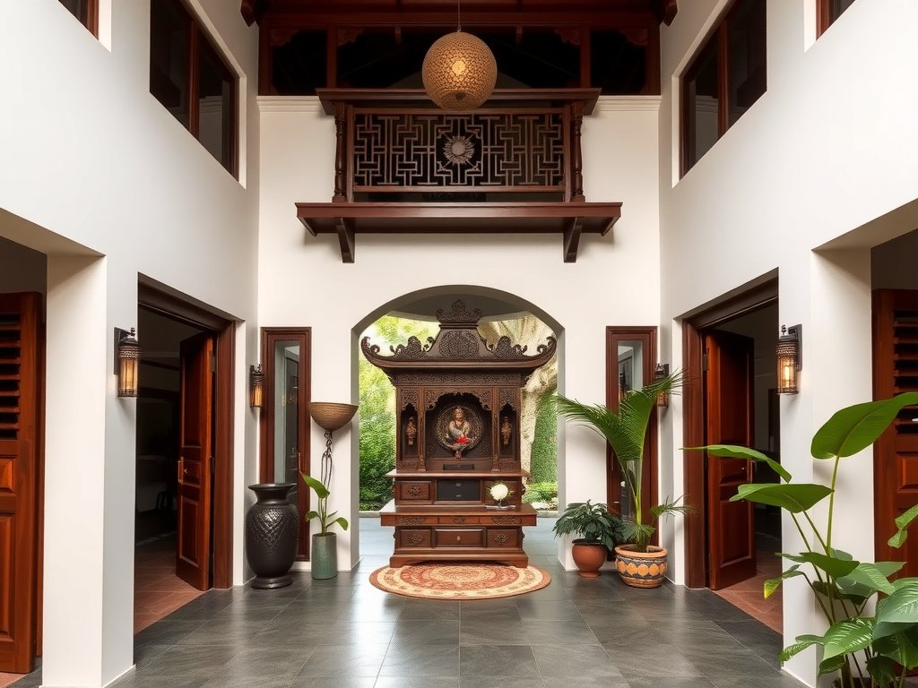 Nhà phố Việt Nam phong cách có tủ thờ gỗ ở lối vào.