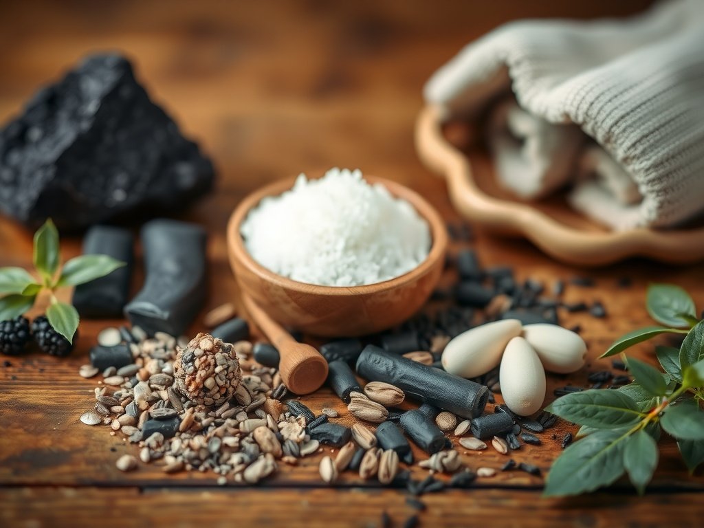 Than hoạt tính và nguyên liệu khử mùi tự nhiên trên bàn mộc mạc