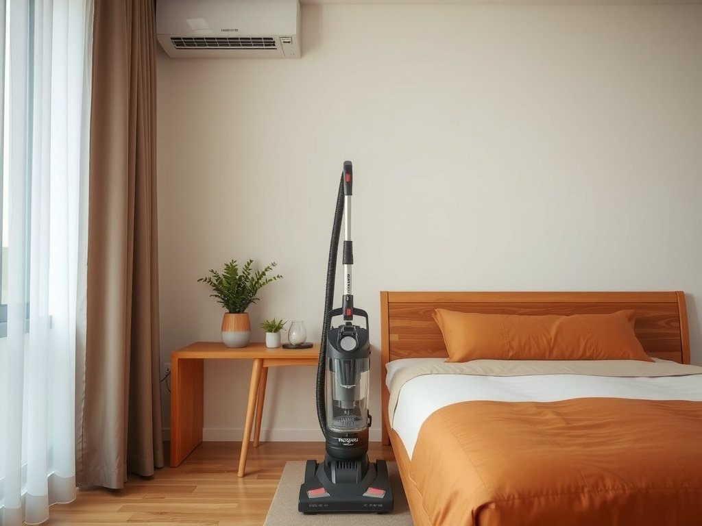 Phòng ngủ phong cách Việt Nam với máy hút bụi bên giường khung gỗ