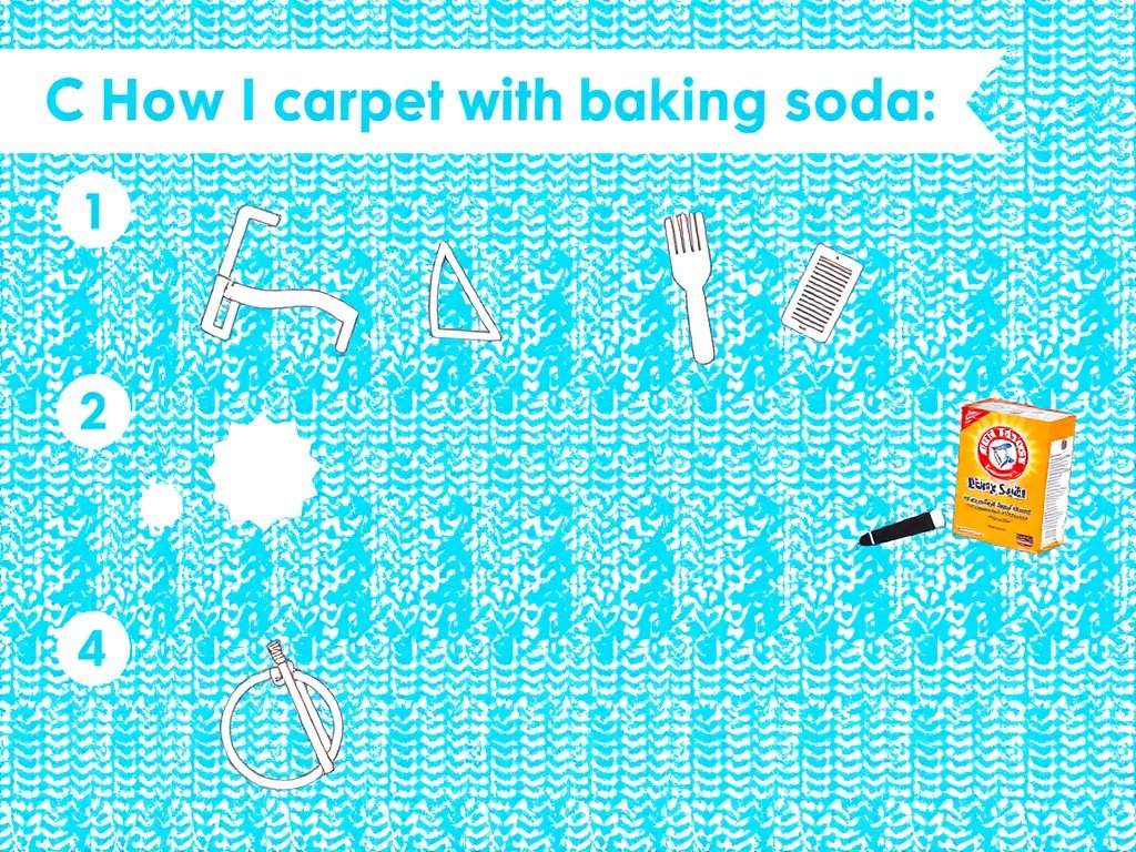 Minh họa từng bước làm sạch thảm với baking soda.