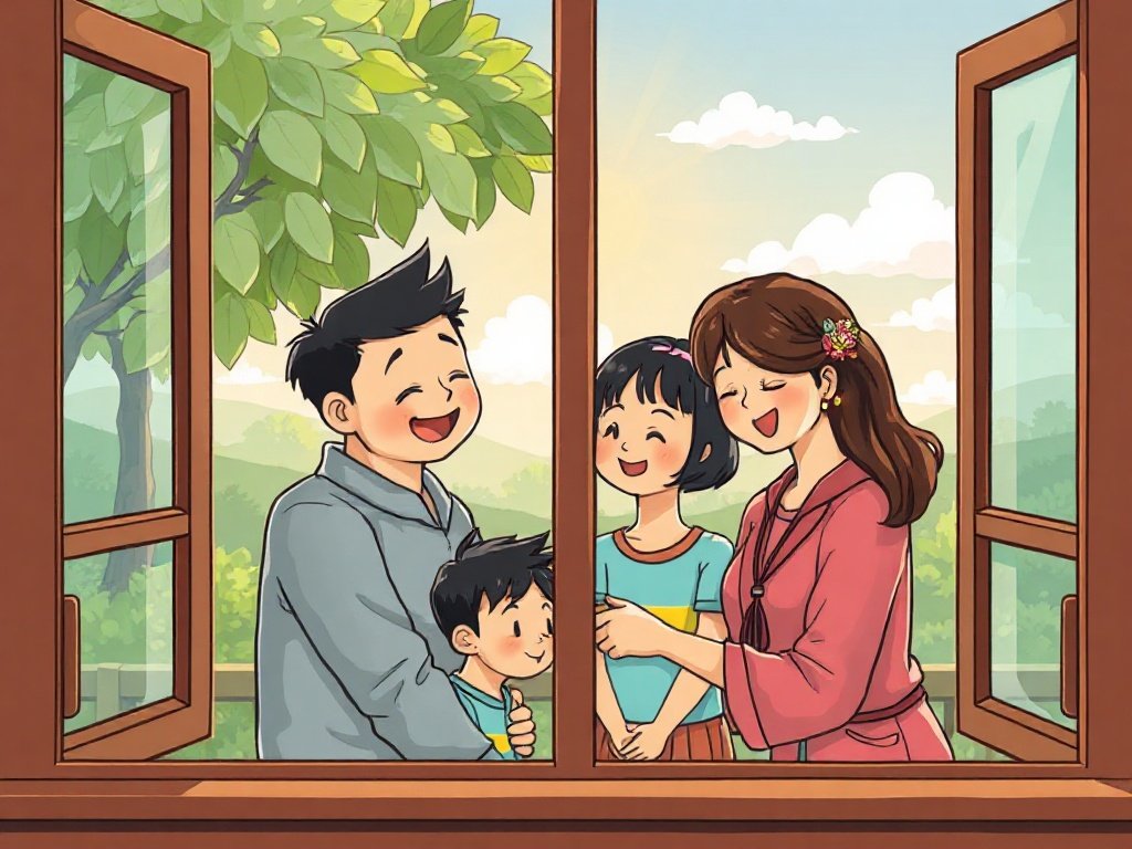 Gia đình Việt Nam hạnh phúc ngắm nhìn qua cửa kính được làm sạch hoàn hảo.