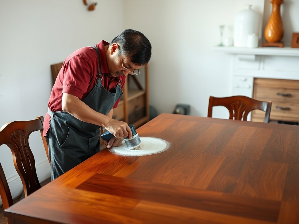 Thợ thủ công Việt đang đánh bóng bàn gỗ.