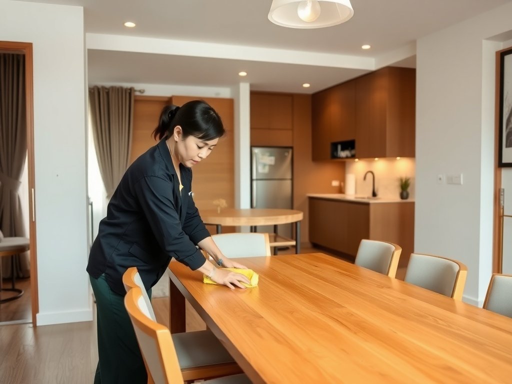 Người Việt vệ sinh bàn ăn gỗ trong căn hộ hiện đại.