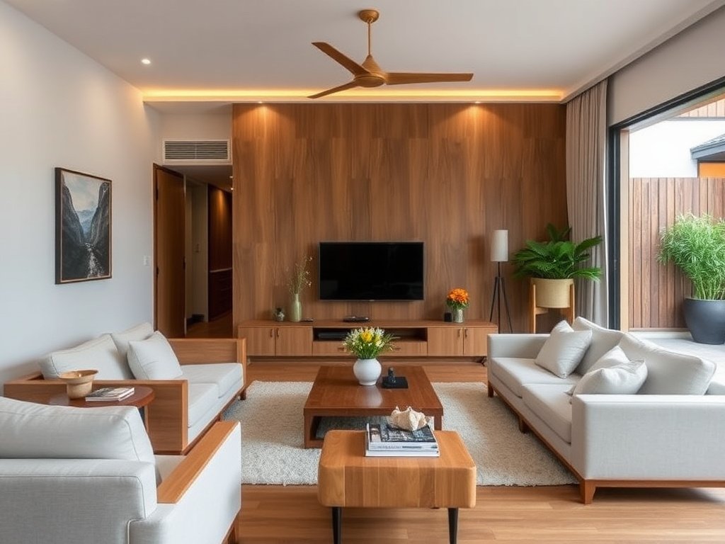 Phòng khách biệt thự hiện đại Việt Nam với đồ nội thất gỗ tự nhiên và ánh sáng ấm áp.