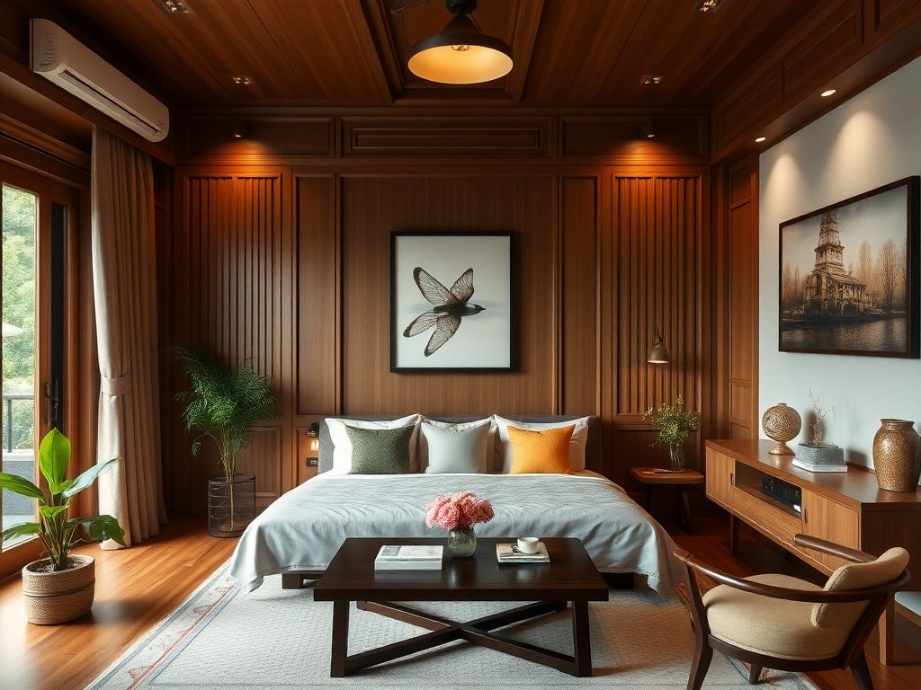 Một căn hộ Việt Nam ấm cúng với nội thất gỗ thanh lịch.