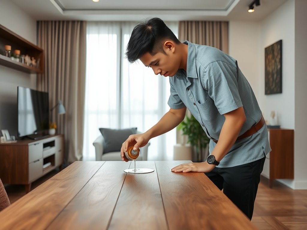 Người Việt Nam đang thoa dầu khoáng lên bàn gỗ