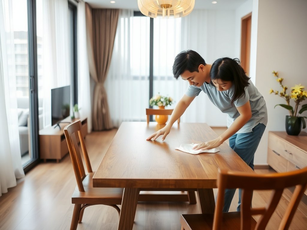 Người Việt lau bàn ăn gỗ trong căn hộ hiện đại.