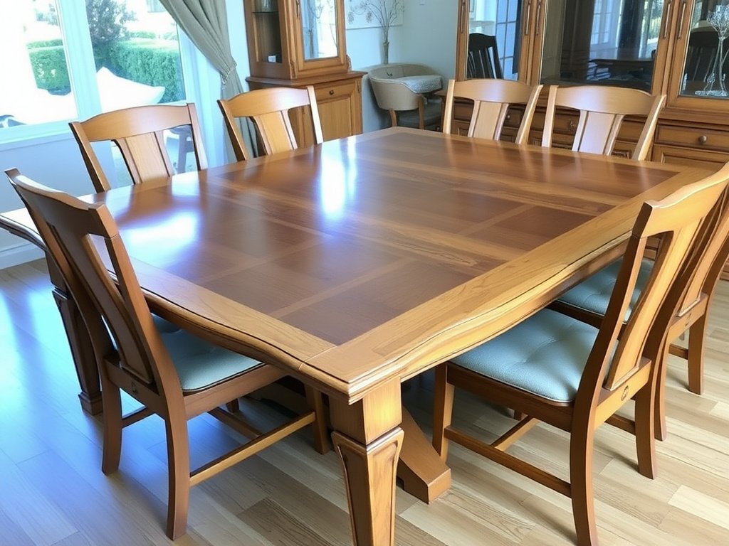 Phòng ăn sang trọng với bộ bàn ghế gỗ sạch sẽ.