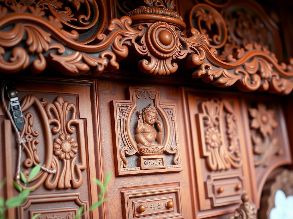 Chi tiết chạm khắc gỗ trên tủ thờ Việt Nam.