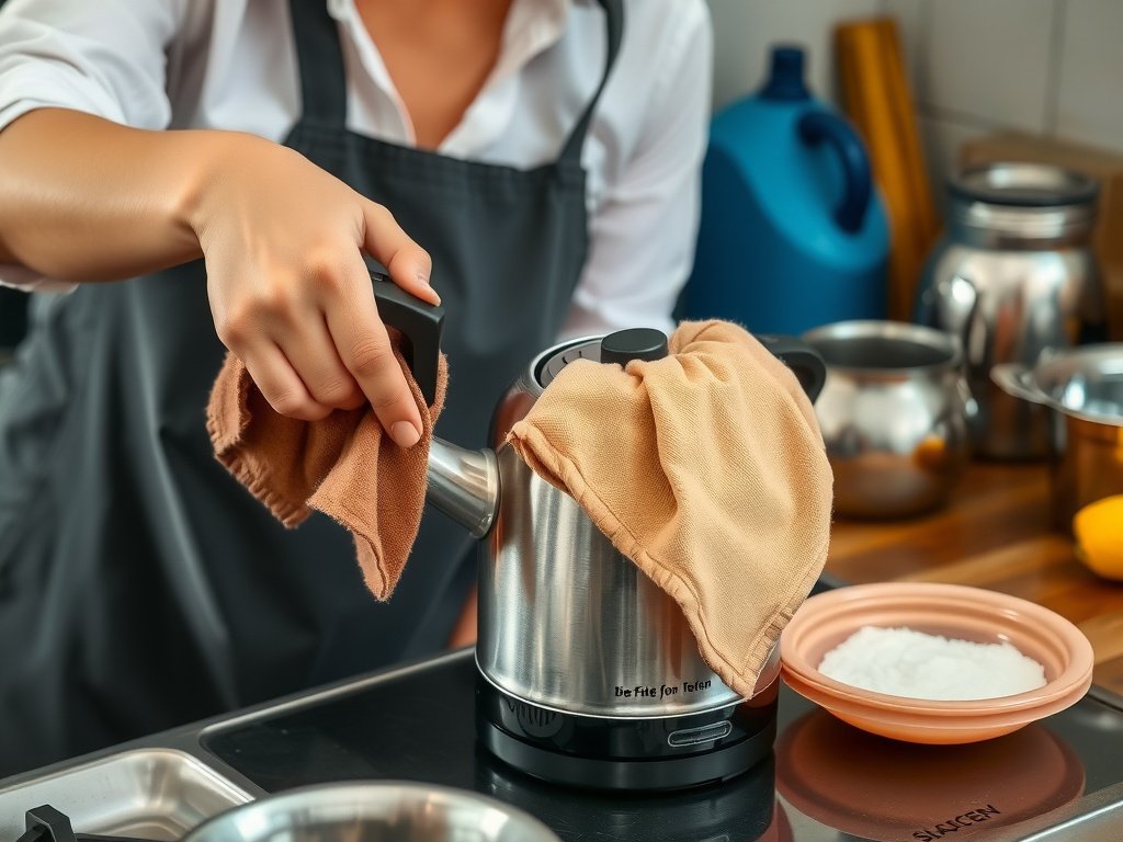 Người Việt đang lau ấm siêu tốc bằng khăn trong nhà bếp.