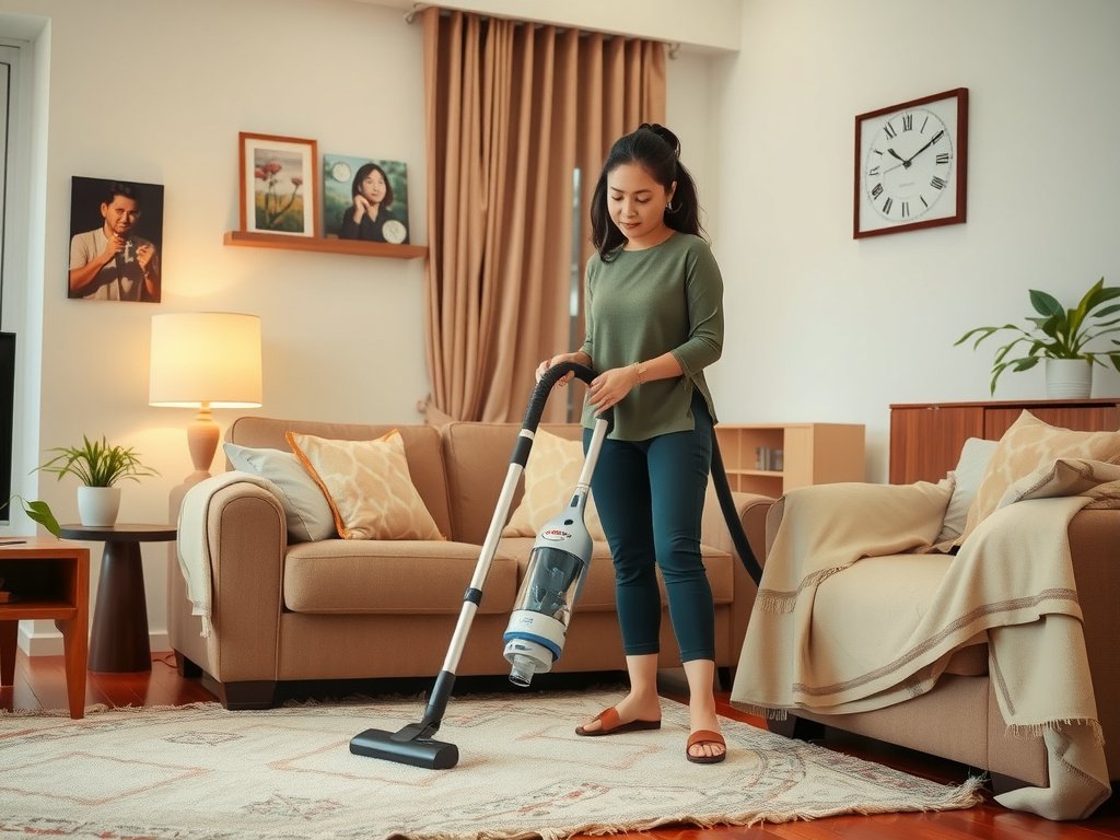 Người Việt đang vệ sinh máy hút bụi trong phòng khách ấm cúng