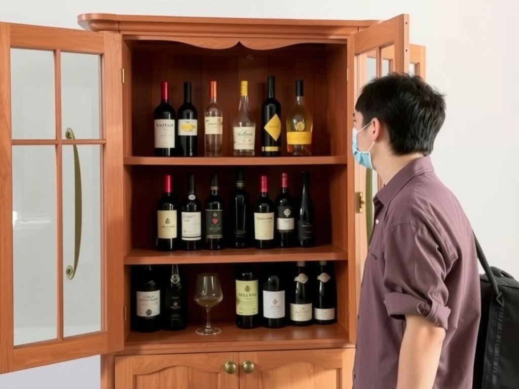 Người Việt Nam chiêm ngưỡng tủ rượu gỗ với nhiều loại rượu trưng bày