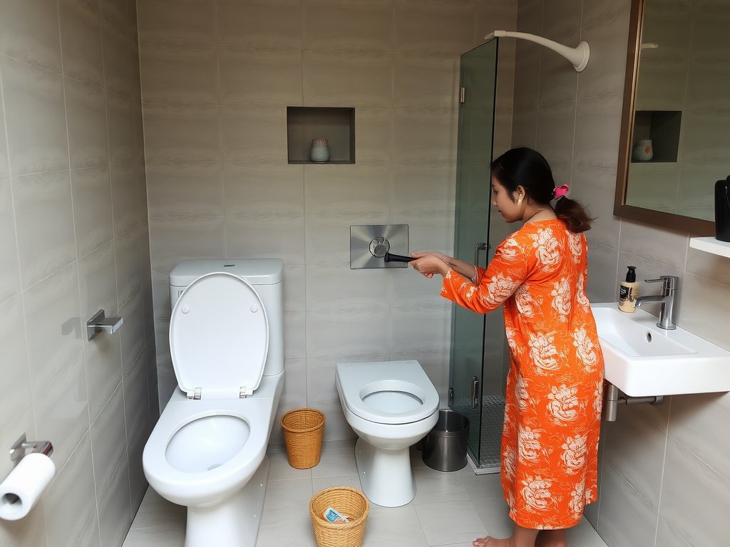 Người phụ nữ Việt vui vẻ dọn dẹp bồn cầu hiện đại.
